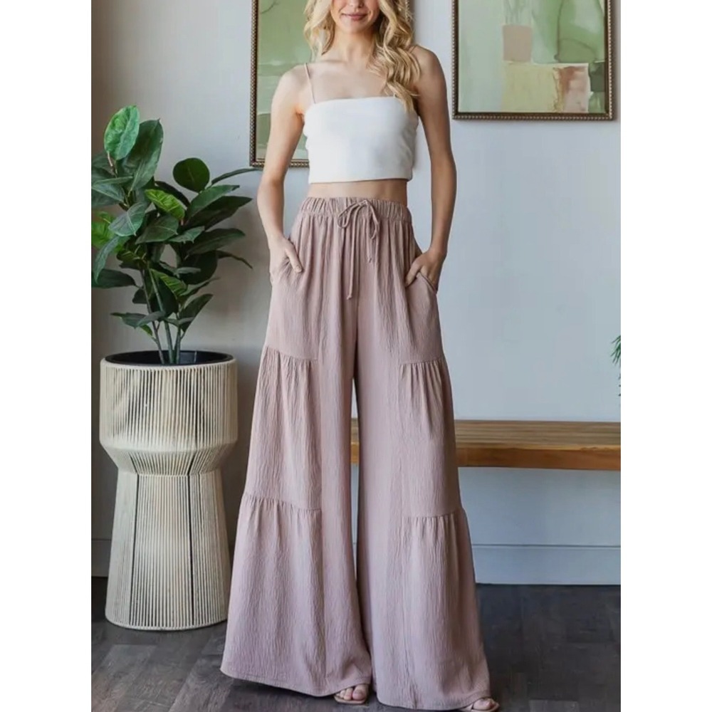 Toast Wide Leg Tiered Palazzo Pants Elastic Drawstring Waist Boho Trousers Large